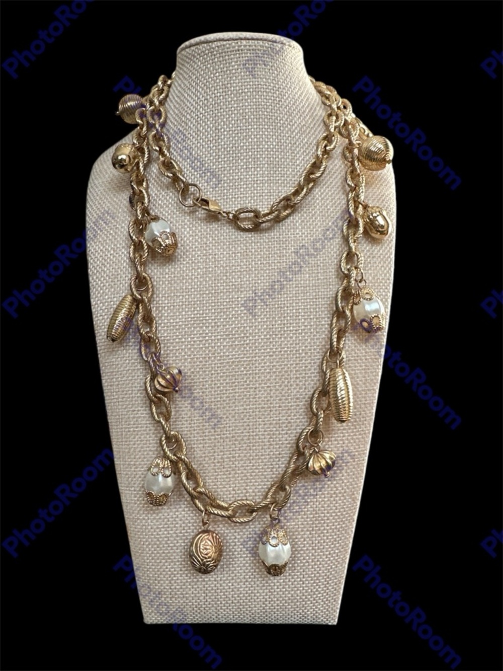 Gold-Tone Acorn Charm Link Necklace with Pearl Accents